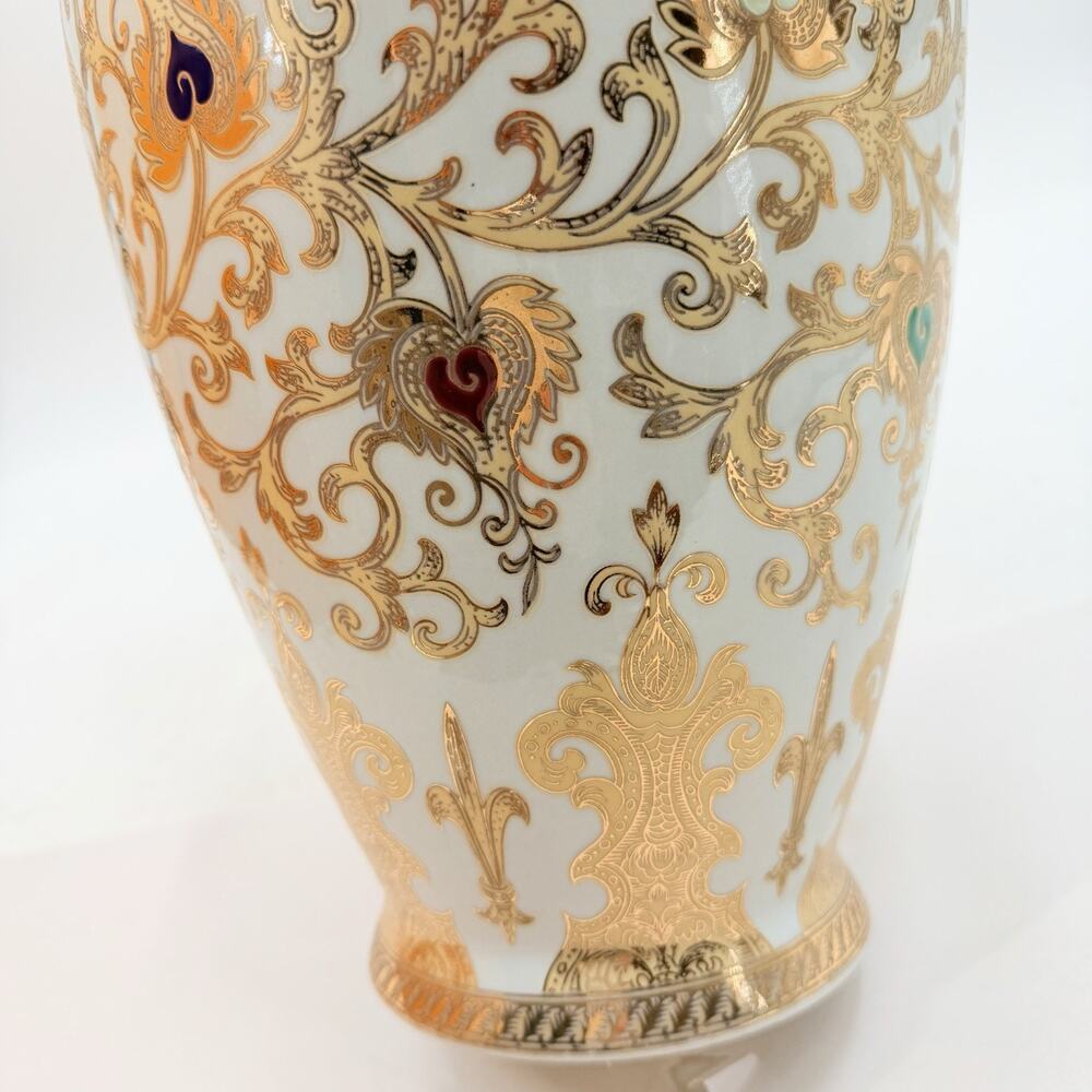 Arabesque White with Enameled Gold Flowers & Scrolls Ceramic Vase 14.5" Tall - Picture 5 of 10